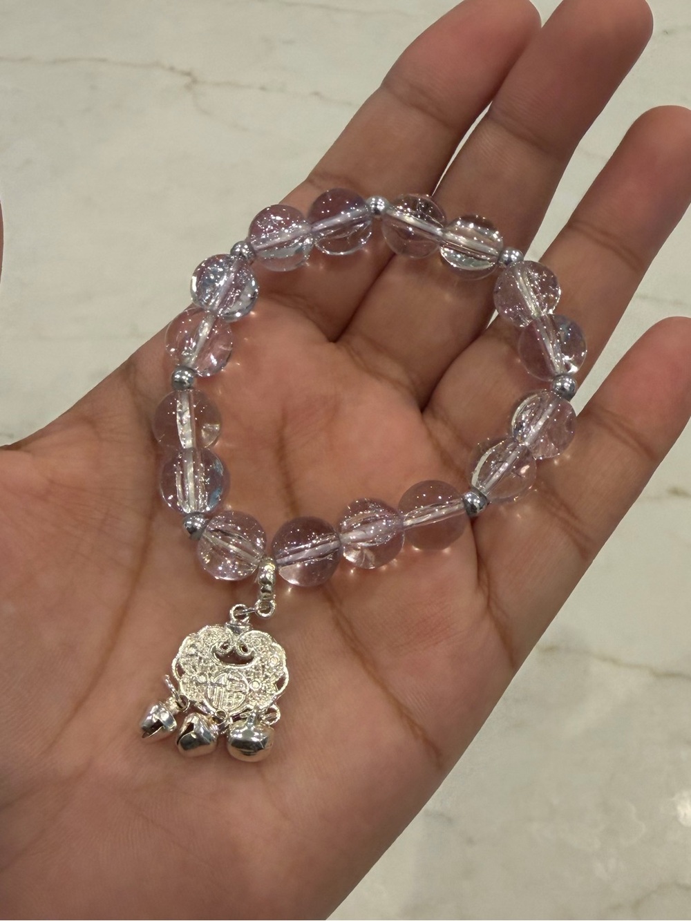 Clear Crystal Beaded Stretch Bracelet Silver Lucky Charm Bell Dangle Chinese J